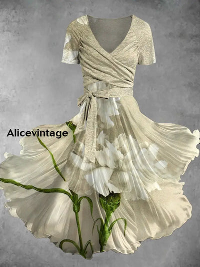 Vintage Floral Print V-Neck Short Sleeve Two-Piece Midi Dress A / S