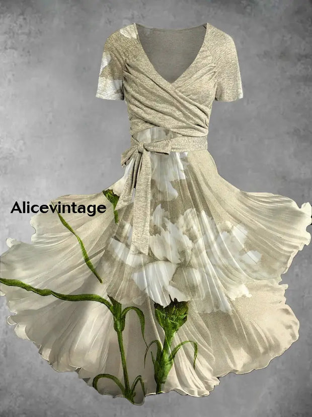 Vintage Floral Print V-Neck Short Sleeve Two-Piece Midi Dress A / S