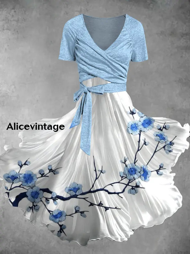 Vintage Floral Print V-Neck Short Sleeve Two-Piece Midi Dress A / S