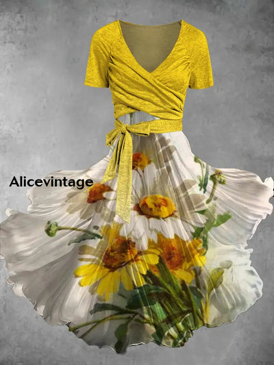 Vintage Floral Print V-Neck Short Sleeve Two-Piece Midi Dress A / S