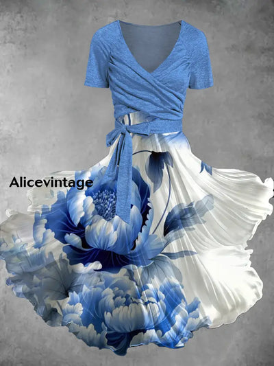 Vintage Floral Print V-Neck Short Sleeve Two-Piece Midi Dress A / S