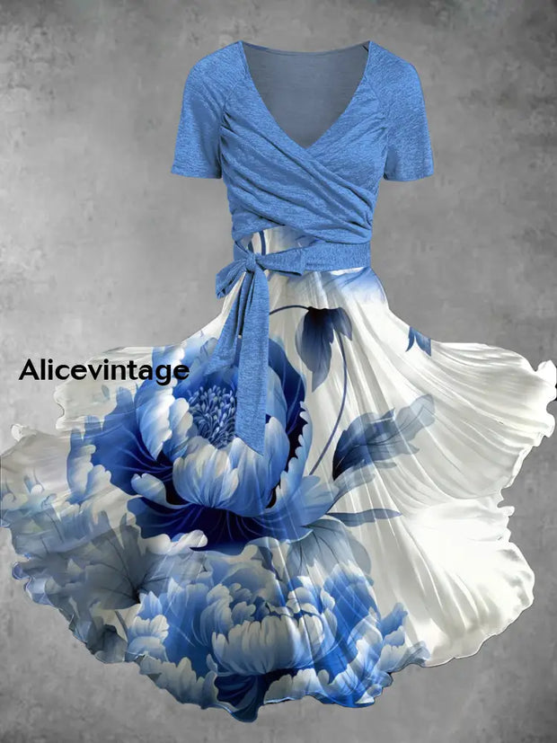 Vintage Floral Print V-Neck Short Sleeve Two-Piece Midi Dress A / S