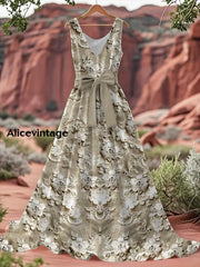 Vintage Floral Print V-Neck Sleeveless Cotton Maxi Dress A / S