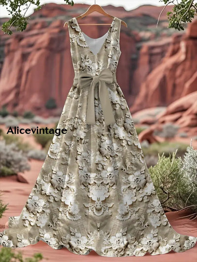 Vintage Floral Print V-Neck Sleeveless Cotton Maxi Dress A / S