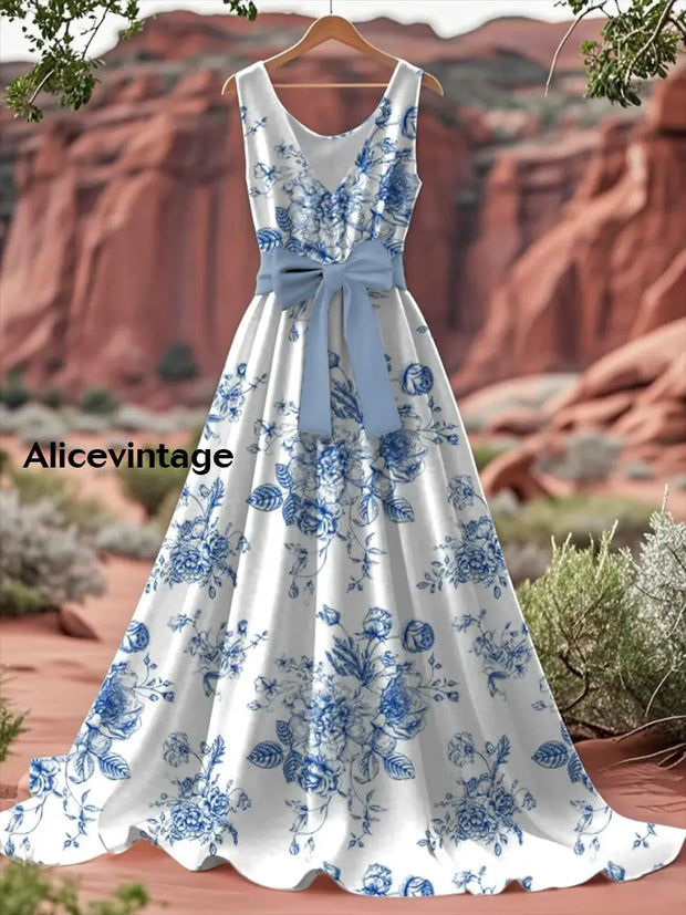 Vintage Floral Print V-Neck Sleeveless Cotton Maxi Dress A / S