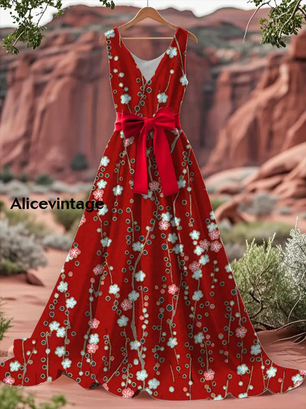 Vintage Floral Print V-Neck Sleeveless Cotton Maxi Dress A / S