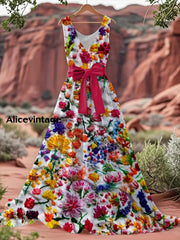 Vintage Floral Print V-Neck Sleeveless Cotton Maxi Dress A / S