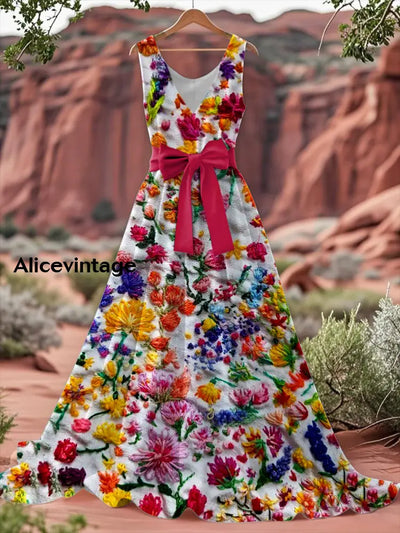 Vintage Floral Print V-Neck Sleeveless Cotton Maxi Dress A / S