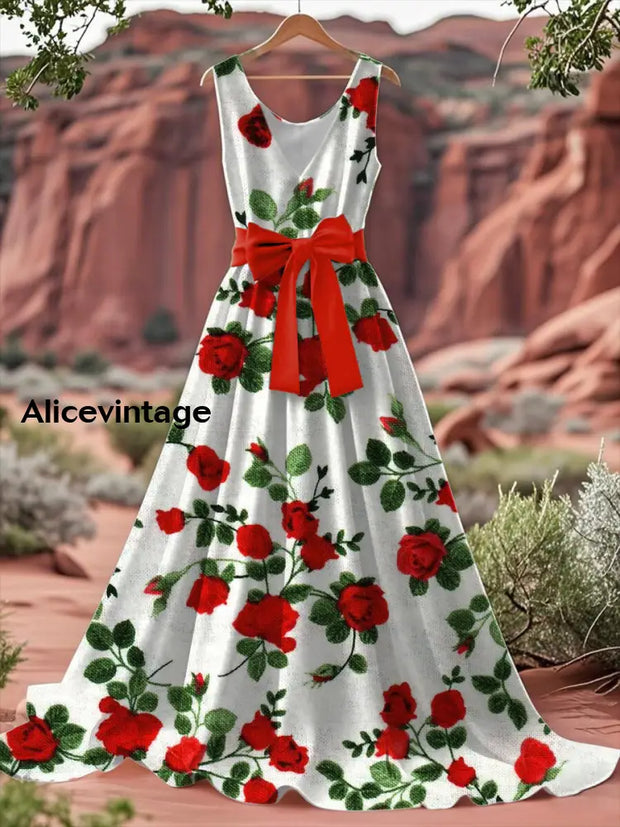 Vintage Floral Print V-Neck Sleeveless Cotton Maxi Dress A / S