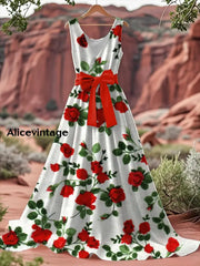 Vintage Floral Print V-Neck Sleeveless Cotton Maxi Dress A / S