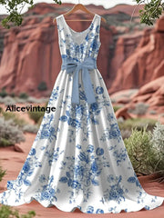 Vintage Floral Print V-Neck Sleeveless Cotton Maxi Dress A / S