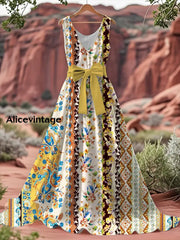 Vintage Floral Print V-Neck Sleeveless Cotton Maxi Dress A / S