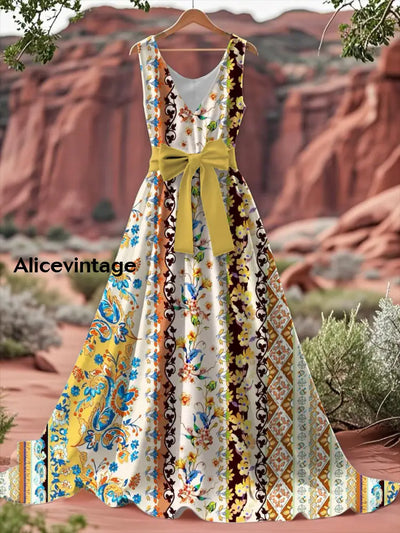 Vintage Floral Print V-Neck Sleeveless Cotton Maxi Dress A / S