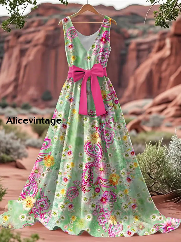 Vintage Floral Print V-Neck Sleeveless Cotton Maxi Dress A / S