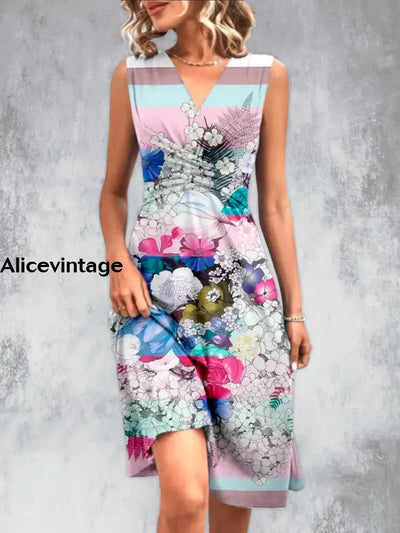 Vintage Floral Stripe Printed V-Neck Sleeveless Pleated Design Fashion Midi Dress A / S