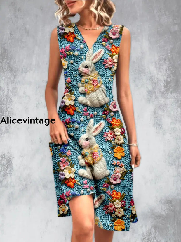 Vintage Garden Rabbit Printed V-Neck Sleeveless Pleated Design Fashion Midi Dress A / S