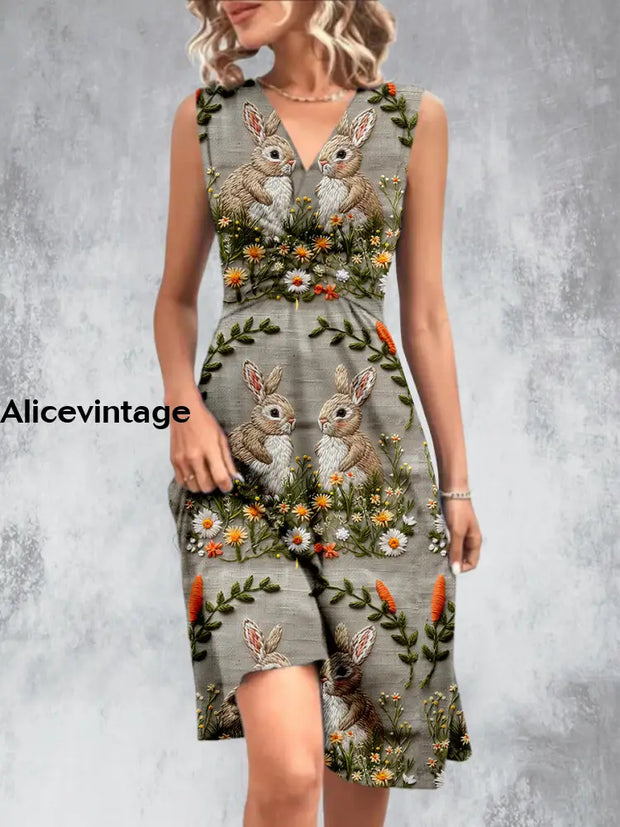 Vintage Garden Rabbit Printed V-Neck Sleeveless Pleated Design Fashion Midi Dress A / S