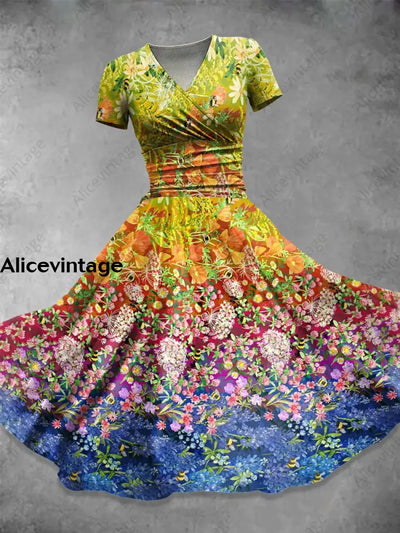 Vintage Gradient Art Flowers Print V-Neck Short Sleeve Midi Dress A / S