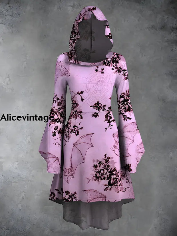 Vintage Halloween Print Hooded Trumpet Sleeve Slim Chic Dress A / S