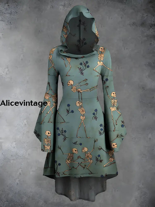 Vintage Halloween Print Hooded Trumpet Sleeve Slim Chic Dress A / S