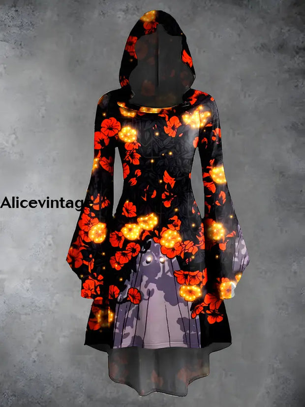 Vintage Halloween Print Hooded Trumpet Sleeve Slim Chic Dress A / S