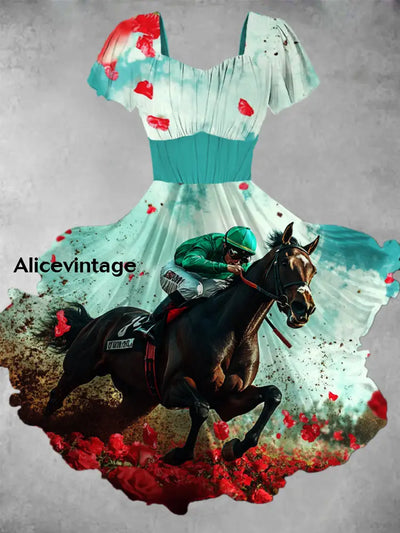 Vintage Horse Racing Floral Print V Neck Short Sleeve Midi Dress A / S
