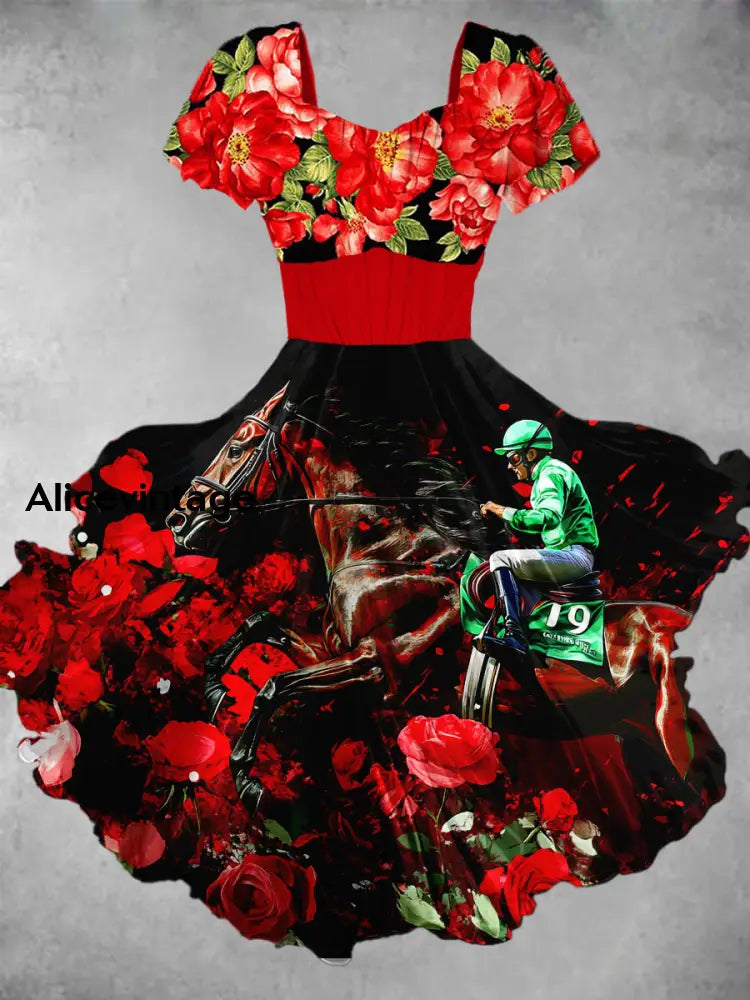 Vintage Horse Racing Floral Print V Neck Short Sleeve Midi Dress A / S