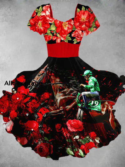 Vintage Horse Racing Floral Print V Neck Short Sleeve Midi Dress A / S