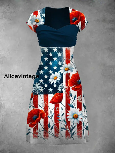 Vintage Independence Day Art Print Short Sleeve Dress A / S