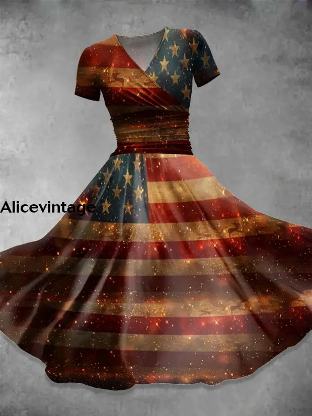 Vintage Independence Day Flag Art V Neck Elegant Chic Loose Short Sleeve Midi Dress A / S