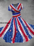Vintage Independence Day Flag Art V Neck Elegant Chic Loose Short Sleeve Midi Dress A / S