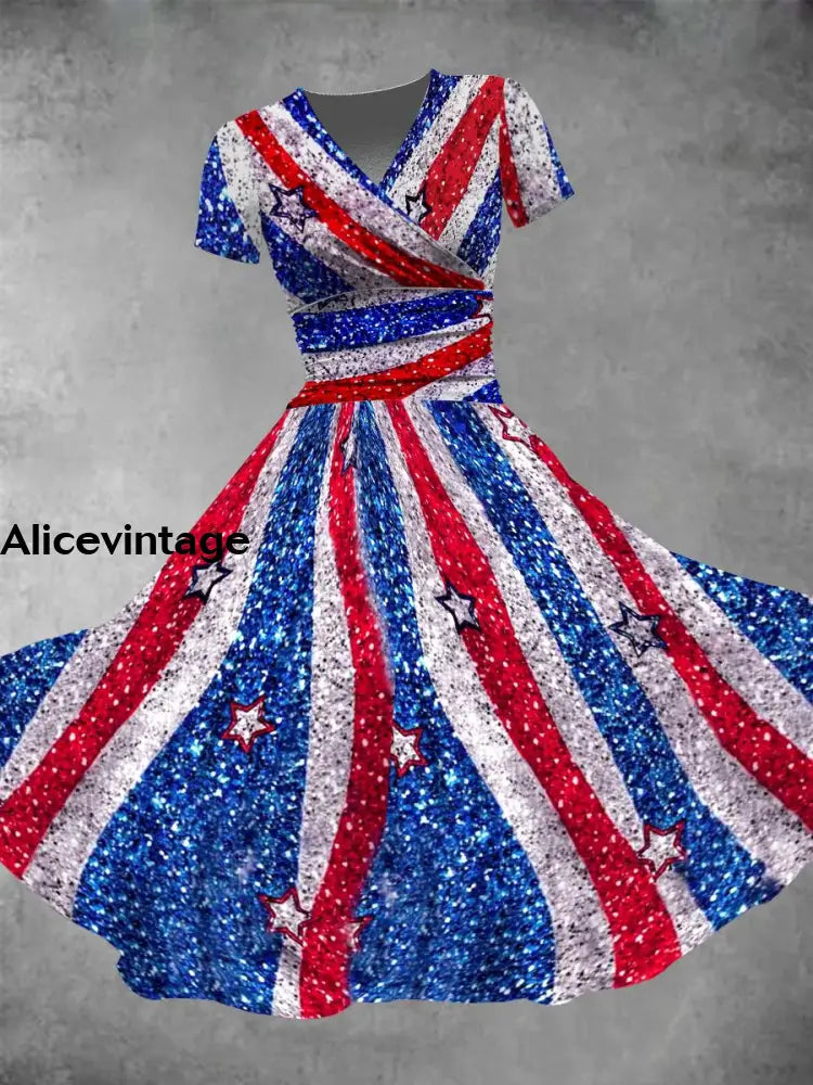 Vintage Independence Day Flag Art V Neck Elegant Chic Loose Short Sleeve Midi Dress A / S