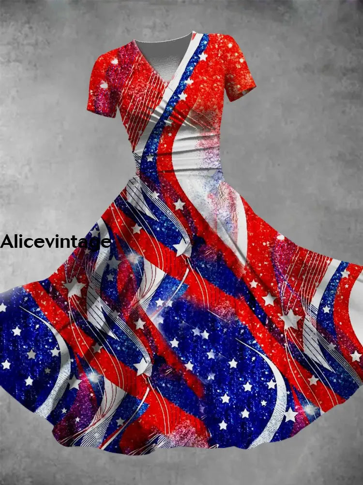 Vintage Independence Day Flag Art V Neck Elegant Chic Loose Short Sleeve Midi Dress A / S