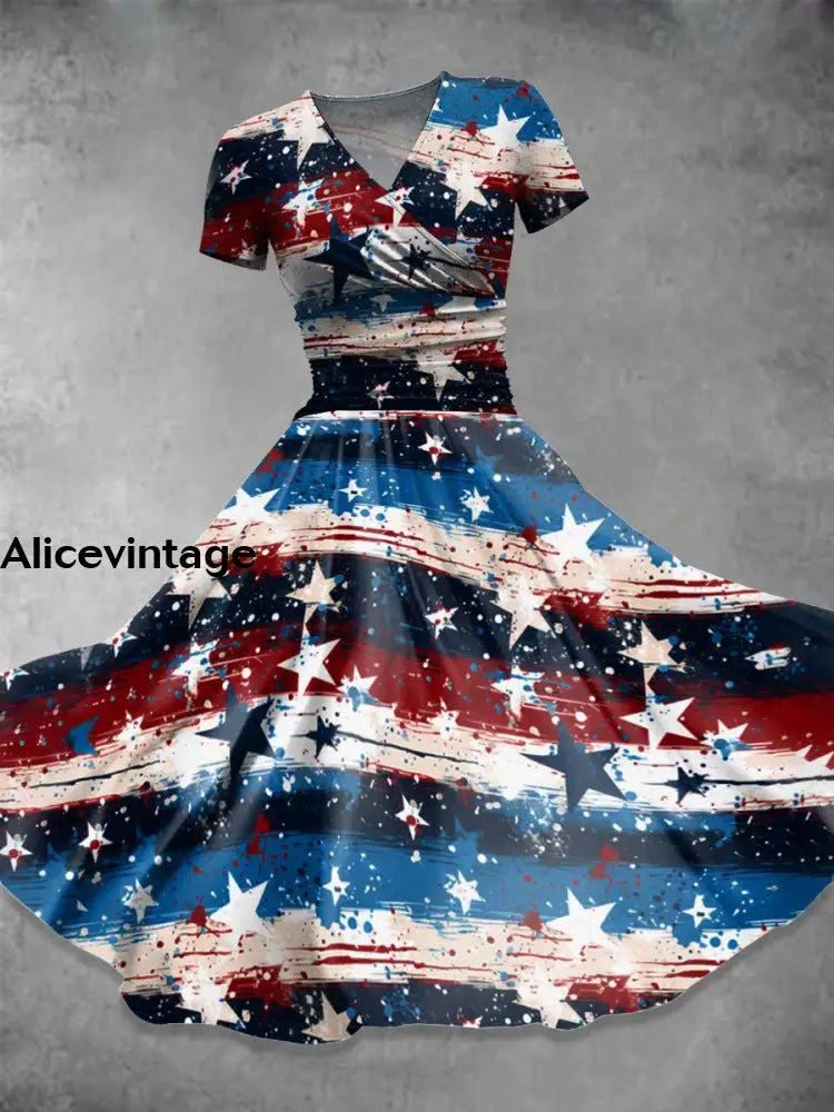 Vintage Independence Day Flag Art V Neck Elegant Chic Loose Short Sleeve Midi Dress A / S