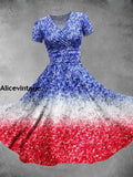 Vintage Independence Day Flag Art V Neck Elegant Chic Loose Short Sleeve Midi Dress A / S