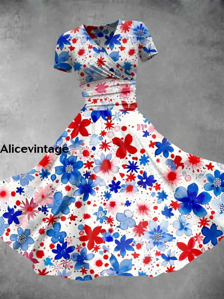 Vintage Independence Day Floral Art V Neck Elegant Chic Loose Short Sleeve Midi Dress A / S