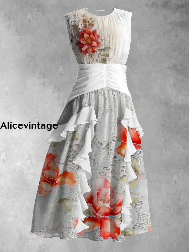 Vintage Lace Floral Art Print Round Neck Sleeveless Maxi Dress