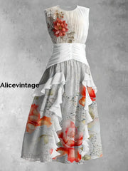 Vintage Lace Floral Art Print Round Neck Sleeveless Maxi Dress A / S