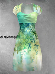 Vintage Leaf Art Print Short Sleeve Midi Dress A / S