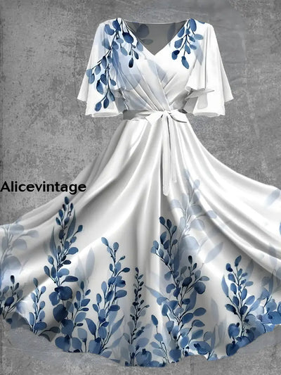 Vintage Leaf Print Short Sleeve V-Neck Elegant Chic Flowy Midi Dress A / S