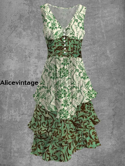 Vintage Leaf Print Sleeveless V-Neck Button Up Midi Dress A / S