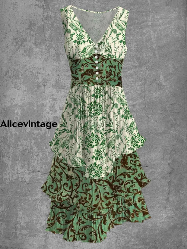 Vintage Leaf Print Sleeveless V-Neck Button Up Midi Dress A / S