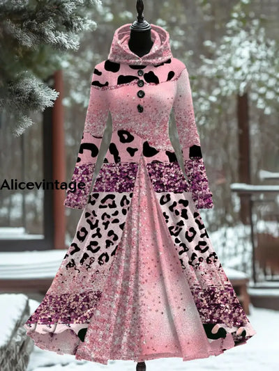 Vintage Leopard Art Print Hooded Patchwork Long Sleeve 50S Elegant Slim Fake Two-Piece Midi Dress A