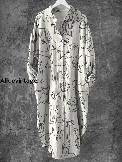 Vintage Line Puppy Art Print Chic Long Sleeve Casual V-Neck Button Loose Shirt Dress A / S