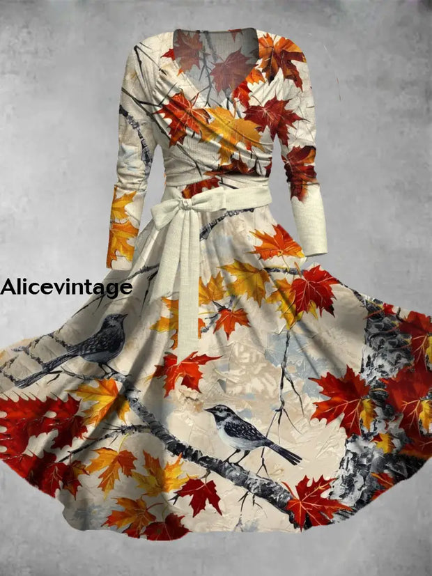 Vintage Maple Leaf Art Print V-Neck Long Sleeve Two-Piece Midi Dress A / S