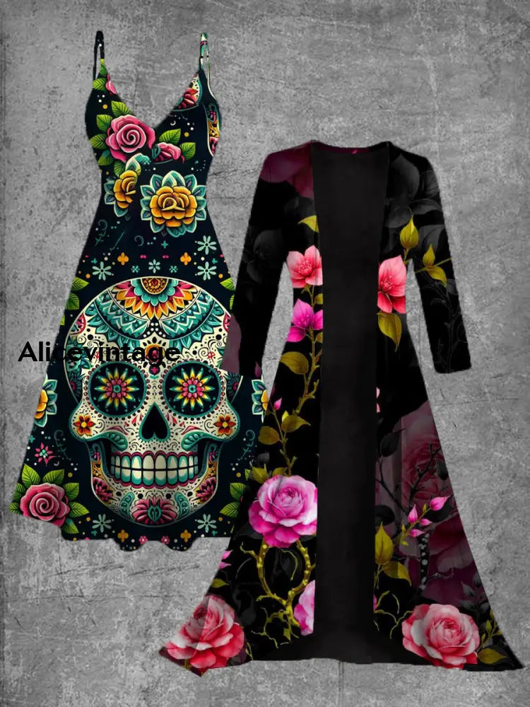 Vintage Mexican Floral Art Print Slip Dress Two-Piece Midi Dress A / S