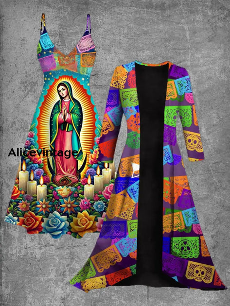 Virgen Maria Art Print  Vintage V-Neck Long Sleeve Two-Piece Dress main image 1