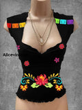 Vintage Mexican Floral Art Print V-Neck Casual Top A / S