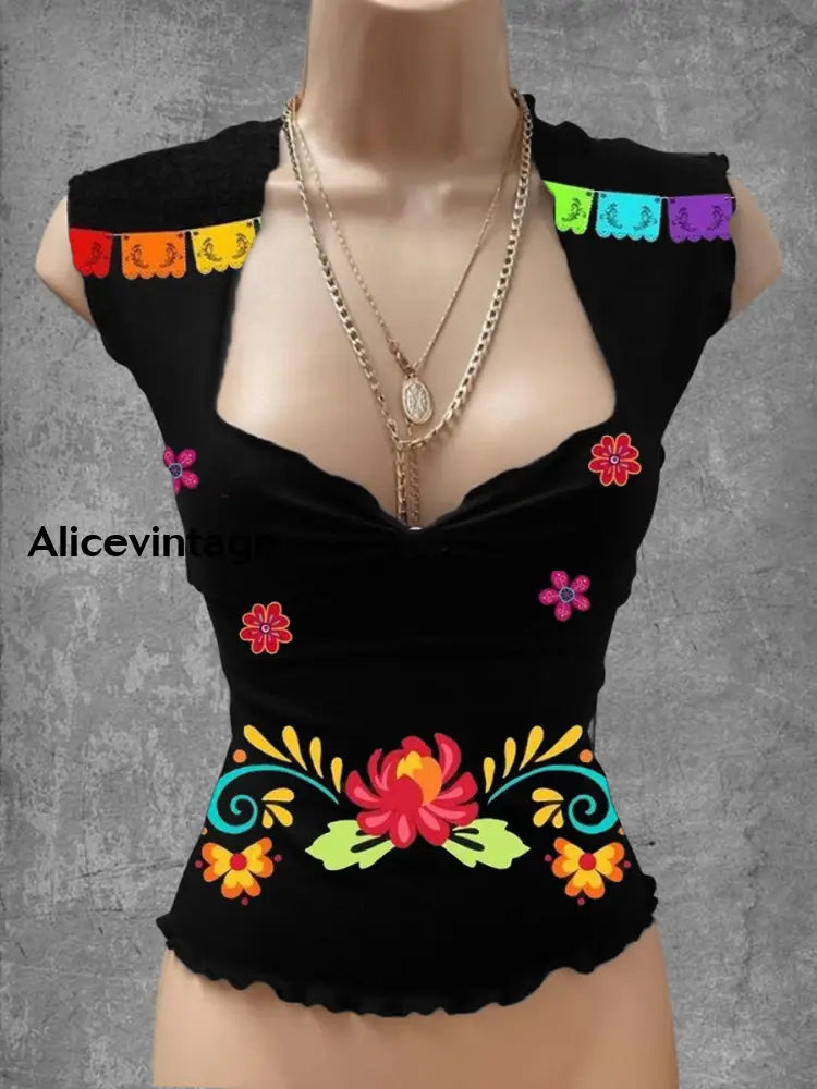 Vintage Mexican Floral Art Print V-Neck Casual Top A / S