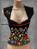 Vintage Mexican Floral Art Print V-Neck Casual Top A / S